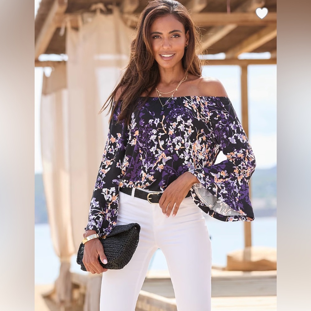 Black and Purple Ruffled 3/4 Sleeve Blouse